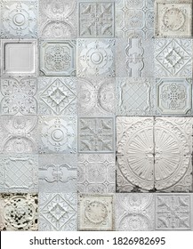Old decorative painted tin ceiling tiles. 