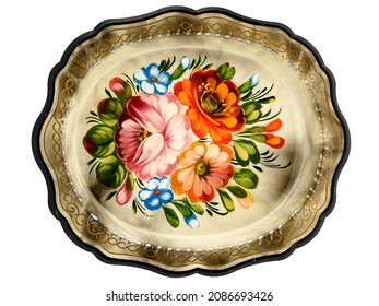 Old Decorative Russian Folk Handpainted Metal Tray With Floral Color Pattern On White. Use For Interior Design.