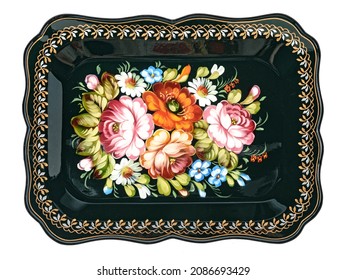 Old Decorative Russian Folk Handpainted Metal Tray With Floral Color Pattern On White. Use For Interior Design.