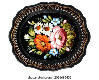 Old Decorative Russian Folk Handpainted Metal Tray With Floral Color Pattern On White. Use For Interior Design.