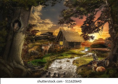 old decrepit house near a stream at sunset in the fabulous valley - Powered by Shutterstock