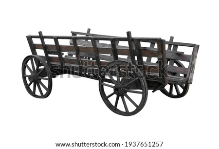 Old decrepit wagon on four wheels, on a white background isolated