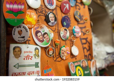 Old Delhi, Delhi, India, March 11 2014: Shop Of India's Political Party Badges At Sadar Bazaar During General Election In India 2014,