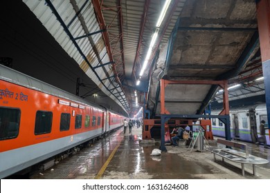 Old Delhi Train Station Or Delhi Junction Railway Station Platforms With People And Train Waiting. January 13th 2020. New Delhi, India