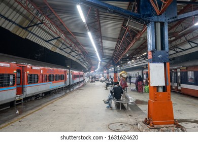 Old Delhi Train Station Or Delhi Junction Railway Station Platforms With People And Train Waiting. January 13th 2020. New Delhi, India