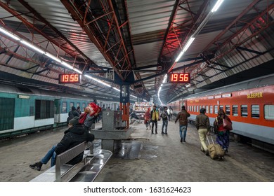 Old Delhi Train Station Or Delhi Junction Railway Station Platforms With People And Train Waiting. January 13th 2020. New Delhi, India