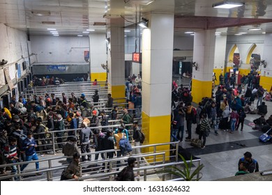 Old Delhi Train Station Or Delhi Junction Railway Station Ticket Booth. People Waiting In Line To Purchase Tickets. January 13th 2020. New Delhi, India