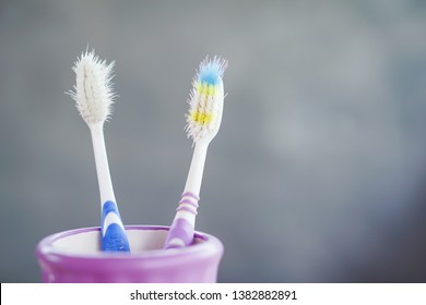 Old And Destroy Toothbrush Closeup  