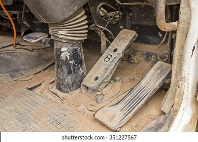 Old & Dirty Brake And Accelerator Pedal Of Manual Transmission Truck