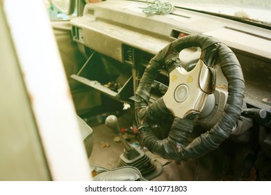 Old Dirty Car Interior In Vintage Style