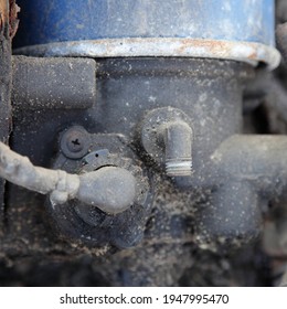 Old Dirty Fuel Filter Box On Diesel Truck Engine, Lorry Maintenance Service