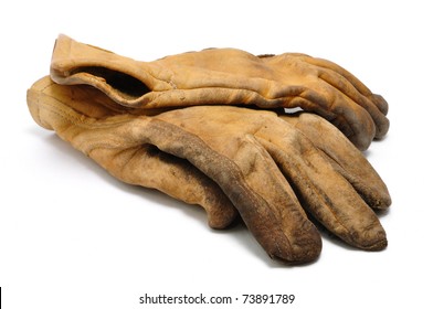 Old Dirty Leather Work Gloves Isolated On White