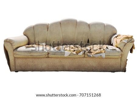 old dirty ripped sofa isolated on white background