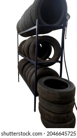 Old Dirty Tires On A Blue Metal Rack Isolated On A White Background. Blank For Advertising And Design Of Tire Repair, Car Service.