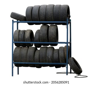 Old Dirty Tires On A Blue Metal Rack Isolated On A White Background. Blank For Advertising And Design Of Tire Repair, Car Service. Car Tires Stacked In Rows On Shelves Isolated.