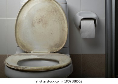 Old and dirty toilet seat covers, yellow stains.