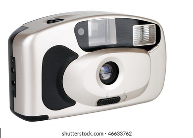 Old Disposable Photo Camera Isolated On White With Clipping Path