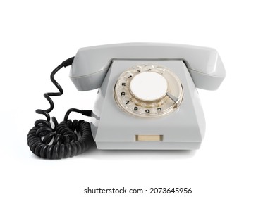 Old Disused Landline Gray Colored Telephone Close-up Isolated On White Background With Shadow.