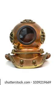 Old diving brass mask isolated over white