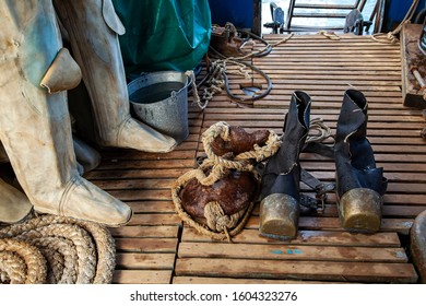 Old Diving Equipment On Board Close-up