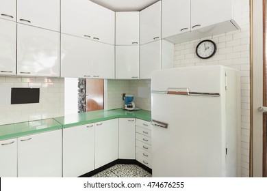 Old Domestic Kitchen Of An Apartment, Vintage Refrigerator