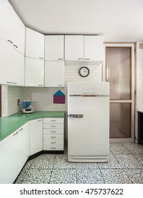 Old Domestic Kitchen Of An Apartment, Vintage Refrigerator