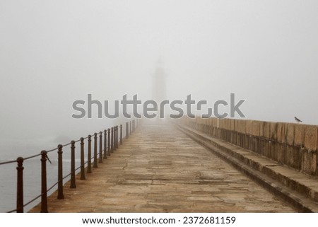 Old Douro river mouth pier and beacon in a foggy day, Porto, Portugal.
