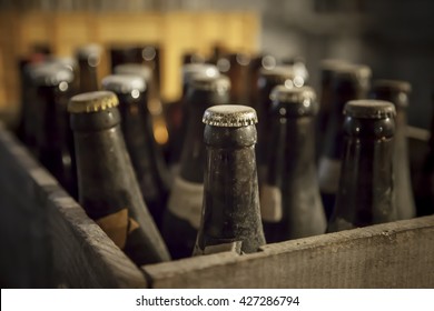 Old Dusty Bottle Of Beer In A Wooden Case
