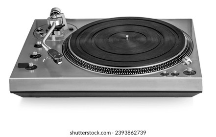 Old dusty vinyl turntable player isolated over white background with clipping path - Shutterstock ID 2393862739