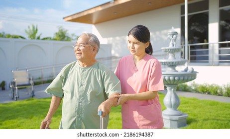 Old Elderly Asian Patient Or Pensioner People Walking By Walker With A Nurse, Relaxing, In Nursing Home In Garden Park. Senior Lifestyle Activity Recreation. Retirement. Health Care Physical Therapy.