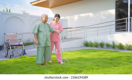Old Elderly Asian Patient Or Pensioner People Walking By Walker With A Nurse, Relaxing, In Nursing Home In Garden Park. Senior Lifestyle Activity Recreation. Retirement. Health Care Physical Therapy.