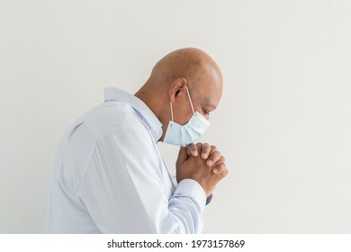 Old Elderly Black Business Man. Sick African American Person Wearing A Face Mask Praying In Medical Treatment And Health Care Isolated On White Background. Coronavirus. People Lifestyle.