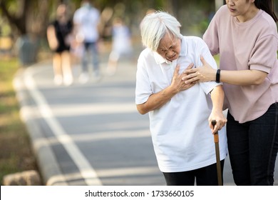 Old Elderly With Short Of Breath And Chest Pain From Heart Disease, Heart Attack,holding Her Hand In The Chest,asian Senior Woman With Illness,symptoms Of Dyspnea,angina,health Care,medical Emergency