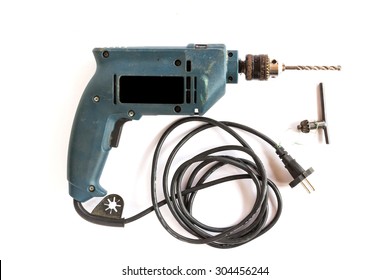 The Old Electric Drill On White Background.