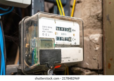 old electric power meter counter measuring power usage.indoors shot. - Shutterstock ID 2178482969