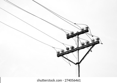 Old Electricity Or Telegraph Pole, White Wire And Cables