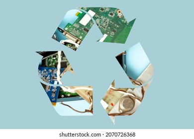 Old electronic parts inside of recycle symbol, on clean background, e waste concept, recycling electronics   - Shutterstock ID 2070726368