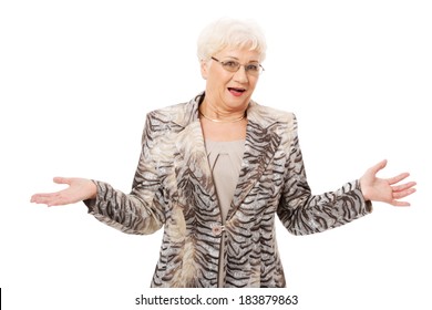 An Old Elegant Lady Having Her Hands Spread. Isolated On White. 