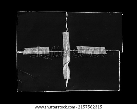 Old Empty Aged Ripped Torn Damaged Paper Cardboard Photo Card. Adhesive Scotch Tape Pieces. Scan. Folded Edges Rough Grunge Shabby Scratched Texture. Distressed Overlay Surface for Mixed Media Collage