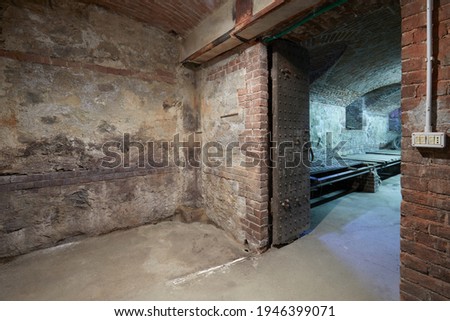 Old, empty basement with brick walls and wooden portal 
