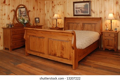 Old Empty Bedroom Set  In Natural Pine Wood