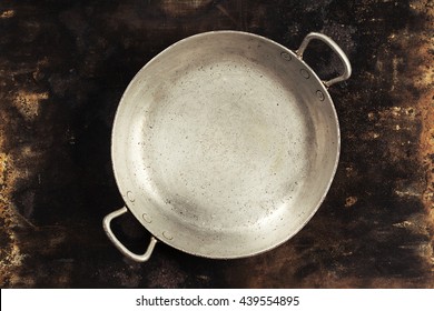 Old Empty Cooking Pot On Rustic  Background, Top View Composing, Copy Space