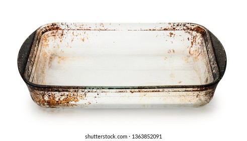 Old Empty Dirty Glass Baking Tray Isolated On White