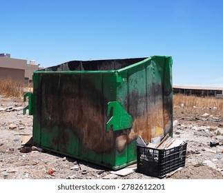 An old empty garbage container in bad conditions, placed near a street