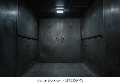Old, empty, grunge industrial elevator interior with copy space