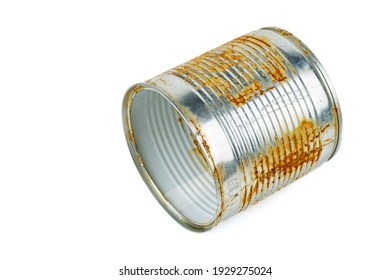 Old empty rusty tin can on white background