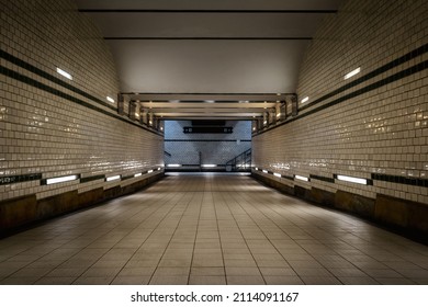 Old, empty underground train station entrance with copy space