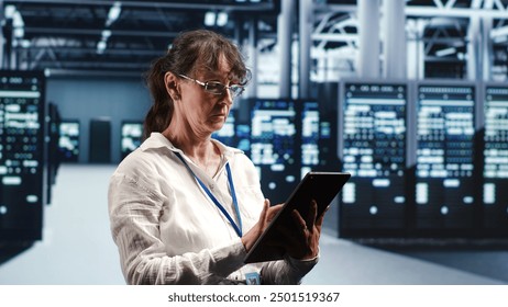 Old engineer working in data center housing GPU dedicated servers that can process artificial intelligence tasks with high efficiency. Qualified expert fixing broken hardware used for machine learning