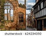 Old English Architecture street in Coventry, destroyed Cathedral from Second World War