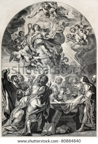 Old engraved reproduction of the Assumption of Mary, by Rubens. Engraved by Jourdain, published on L'Illustration, Journal Universel, Paris, 1857